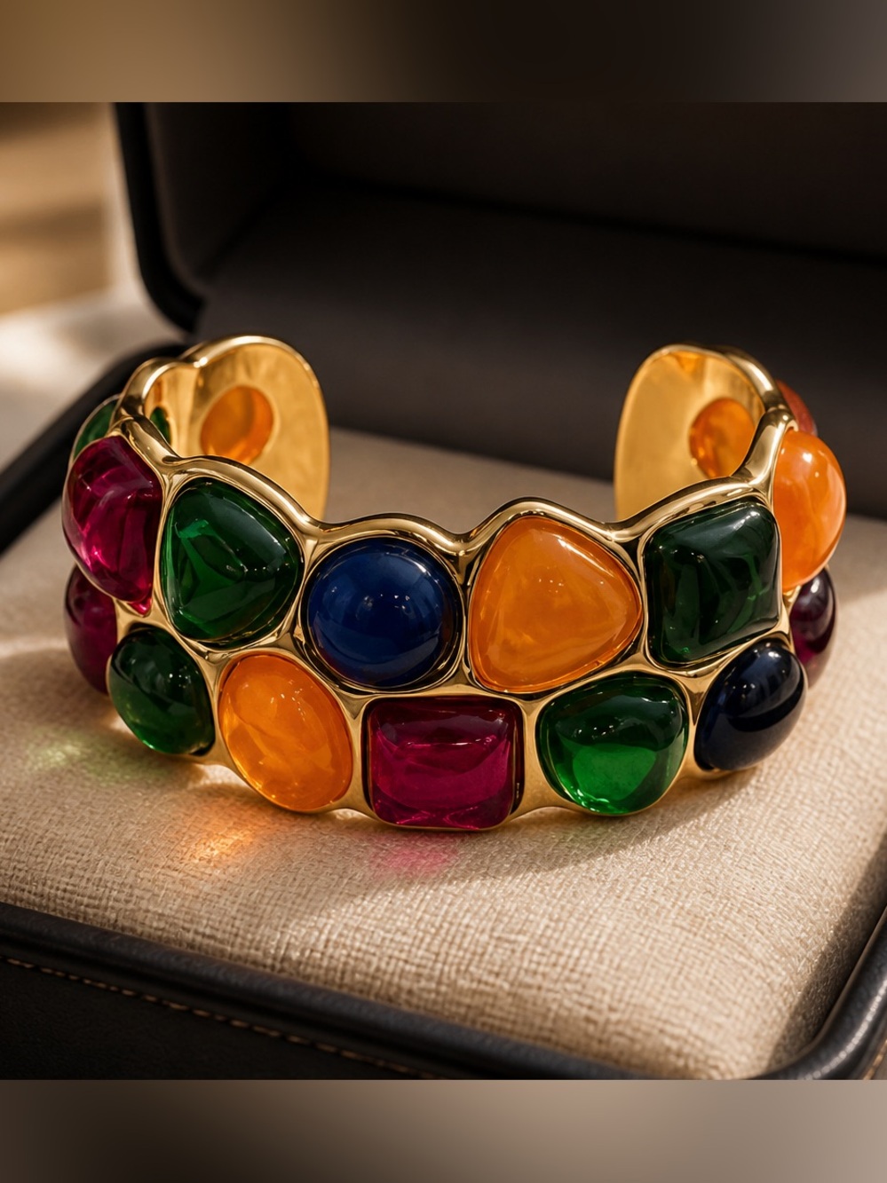 Gold Multicolor Cabochon Cuff Bracelet - Women Jewelry